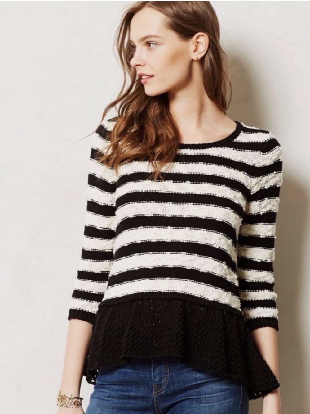 Anthropologie Knitted & Knotted Skirted Striped Peplum Pullover Sweater, size L